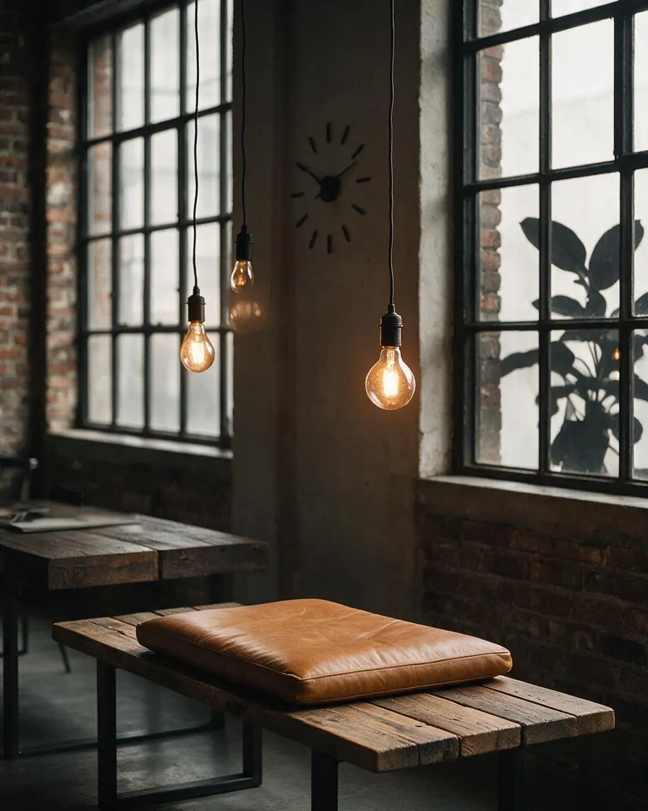 An industrial-style cafe interior with large black-framed windows, exposed brick walls, and three warm Edison bulbs hanging from long cords. Rough wood bench tables with black metal bases sit in the foreground, one topped with a tan leather cushion, creating a moody, minimalist atmosphere.