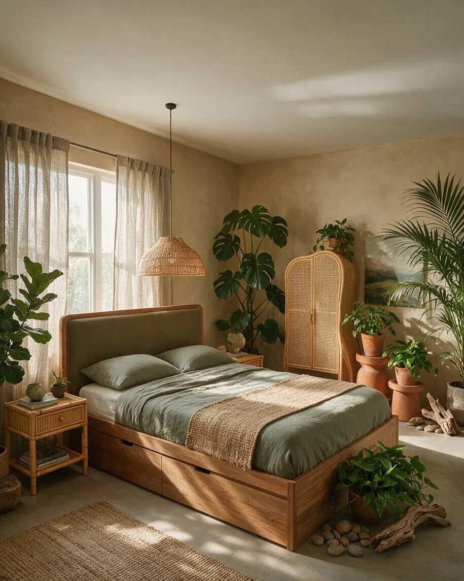 A serene master bedroom with a wooden platform bed dressed in muted green bedding and a woven throw, surrounded by many potted plants. Sheer curtains filter sunlight through a window, while a rattan pendant light, cane-front wardrobe, and natural wood nightstand reinforce the earthy biophilic style.