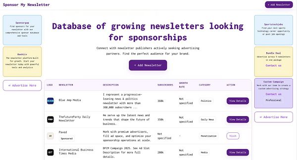 The image displays a webpage titled 'Sponsor My Newsletter' featuring a database of newsletters seeking sponsorships.