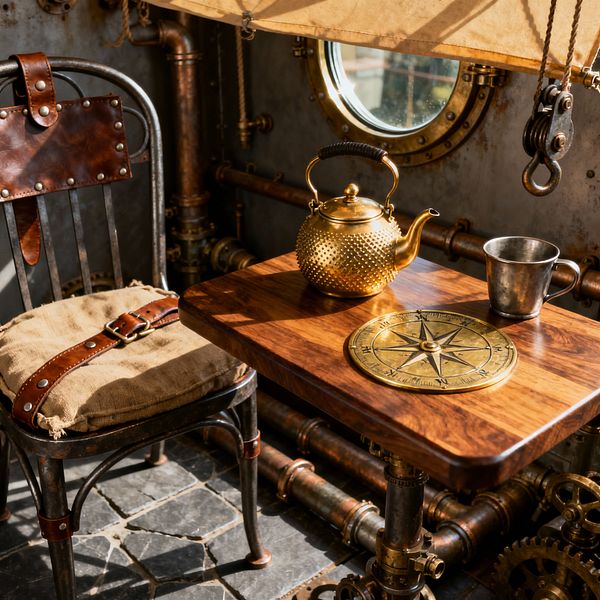 A steampunk patio vignette shows a metal chair with a burlap cushion strapped by a brown leather belt beside a small wood table mounted on pipe legs. On the tabletop are a dimpled brass teapot, a brass compass-rose plaque, and a weathered metal cup. Behind, riveted steel walls, exposed copper piping, a round porthole window, a pulley hook, and gears set an industrial scene while warm sunlight from a canvas awning washes over slate floor tiles.