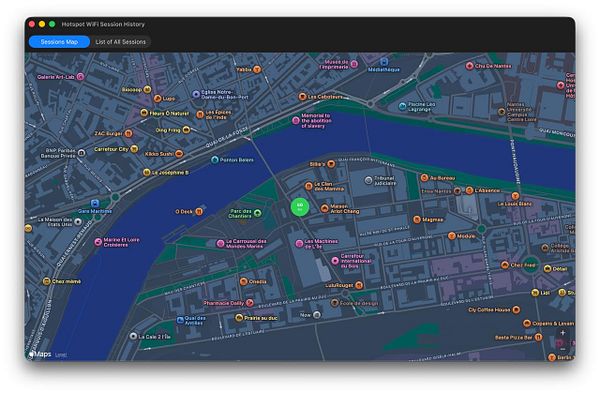 Screenshot of the DataHawk macOS app showing a signal strength map for NETGEAR portable 5G router usage in a coffee shop area.