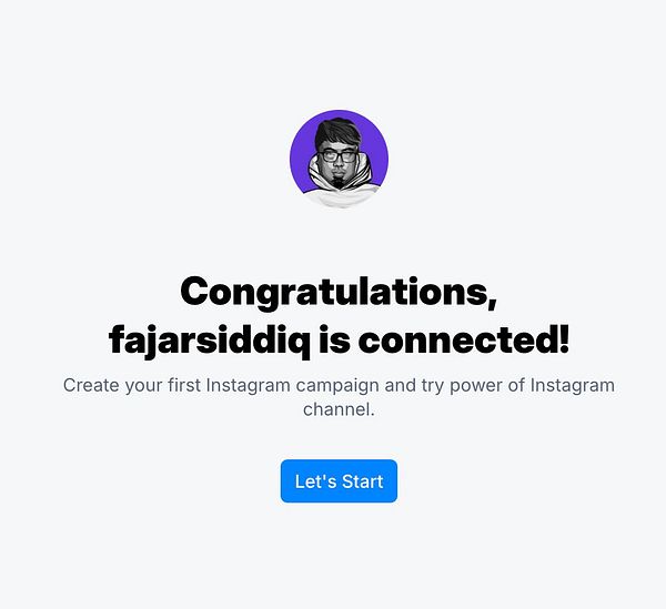 A confirmation screen indicating a successful connection between ManyChat and Instagram for the user 'fajarsiddiq'.
