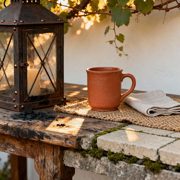 A rustic patio vignette shows a large weathered iron lantern with a candle resting on a rough wooden table beside a terracotta mug, folded beige linen, and a coarse jute mat. Sunlight filters through vine leaves against a white plaster wall, catching moss-filled gaps between pale stone pavers set into the tabletop, while traces of black soot and char add patina to the timeworn surface.