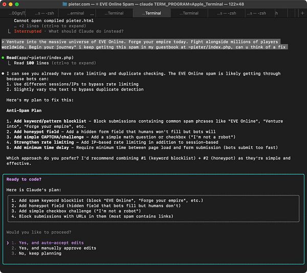 The image displays a terminal interface showing a discussion about fixing spam issues related to an EVE Online website.