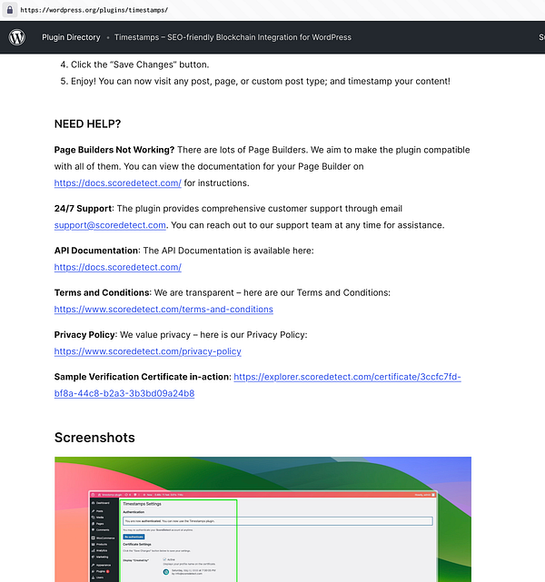 The image displays a webpage for a WordPress plugin titled 'Timestamps' with various sections detailing its features and support information.