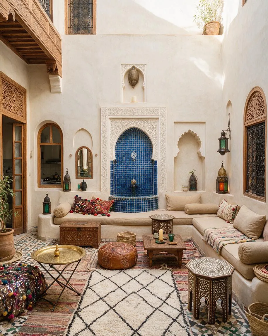 A sunlit Moroccan-style backyard courtyard with cream plaster walls, carved wooden windows and doors, and an ornate blue-tiled fountain centered on the far wall. Low beige built-in seating wraps the space with patterned pillows, layered rugs, brass lanterns, carved wood tables, and mosaic floor tiles creating a warm, inviting atmosphere.