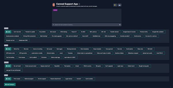 The image displays the interface of the Canned Support App, showcasing various preset messages for customer support.