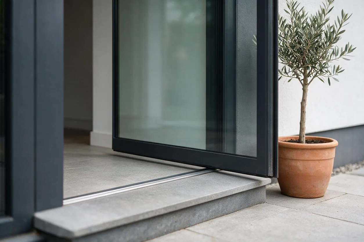 A modern exterior entryway with a black-framed glass door set into a light gray stone threshold and patio. A potted olive tree in a terracotta planter adds warmth beside the crisp white wall and dark trim.