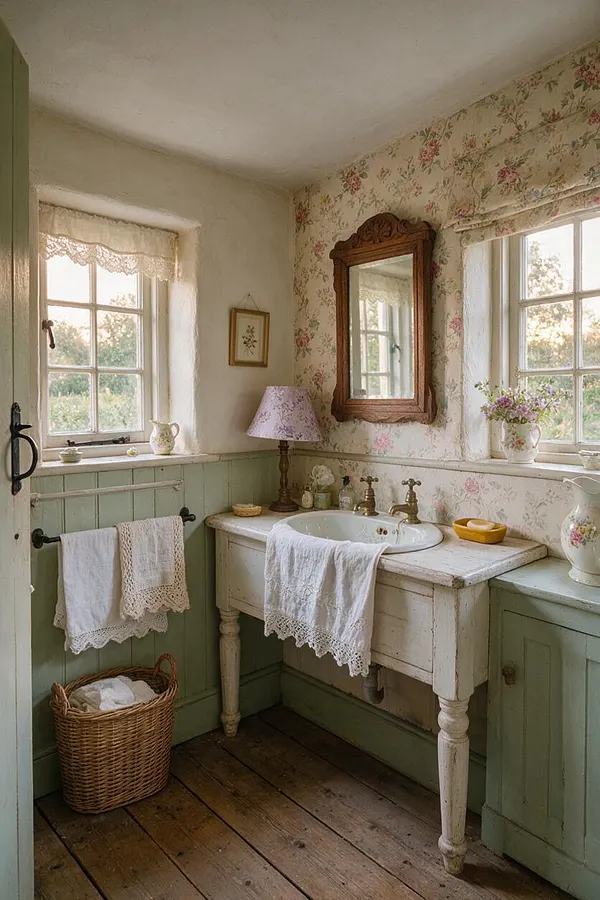 A cozy cottage-style powder room with floral wallpaper, pale green paneled wainscoting, and a distressed white pedestal sink. Lace-trimmed towels, a wicker basket, a carved wood mirror, and soft daylight from two windows create a warm, romantic atmosphere.