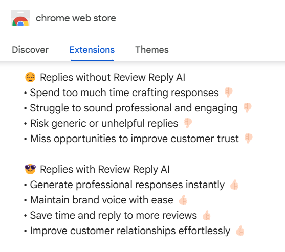 The image displays a comparison of responses with and without the Review Reply AI tool in the Chrome Web Store.