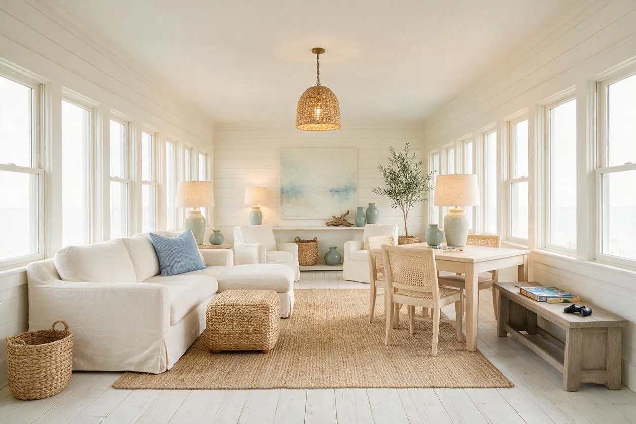A bright coastal game room with white paneled walls, rows of tall windows, and a woven pendant light. The room includes a cream sectional sofa, cane dining chairs, a light wood table, woven baskets, a jute rug, pale ceramic lamps, and soft blue accents.