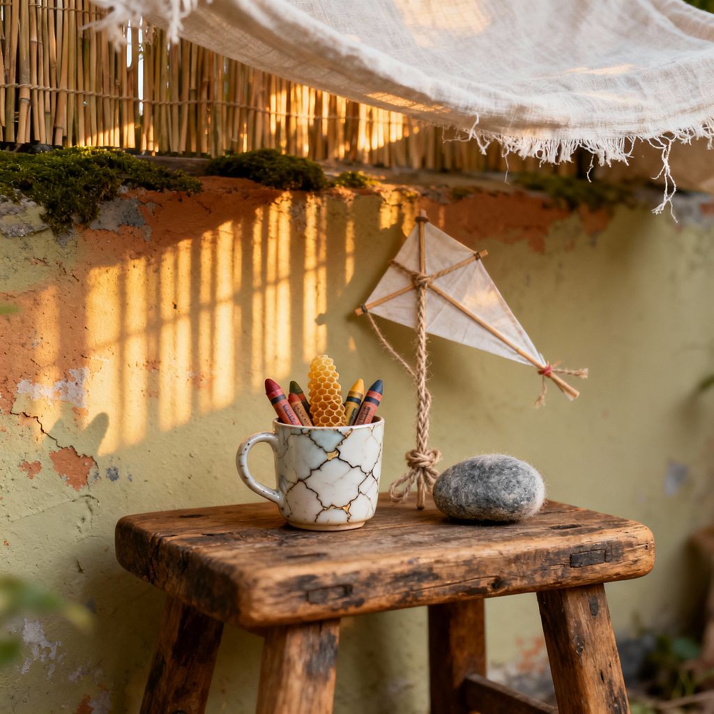 A small kids’ nook shows a weathered wooden stool used as a table. On it sit a crackle-glazed mug filled with crayons and a honeycomb-textured wax stick, a soft gray felted wool stone, and a handmade paper kite tied with jute twine. Behind, a pale green wall with terracotta patches catches golden light and the shadows of a bamboo screen, while a loose linen canopy drapes overhead, creating a quiet, natural scene.