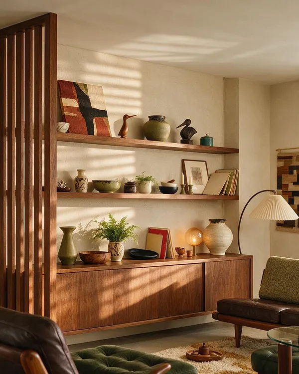 A sunlit Mid-Century Modern living room vignette with built-in walnut shelving and a low wood cabinet filled with ceramic vases, small framed art, books, and plants. Soft striped shadows fall across warm beige walls, while a leather chair, green cushion, arc floor lamp, and textured rug add layered comfort.