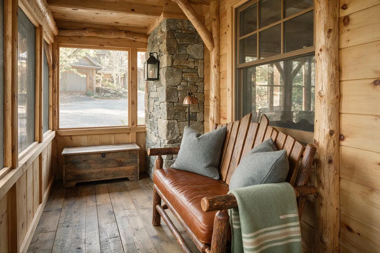 A rustic front porch with log-style wood framing, a stone fireplace, and wide windows. A wooden bench with a leather cushion, gray pillows, and a folded green throw sits beside a weathered storage chest on a plank floor.