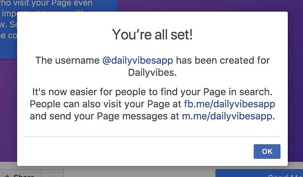 A confirmation message indicating the successful creation of a Facebook username for Dailyvibes.