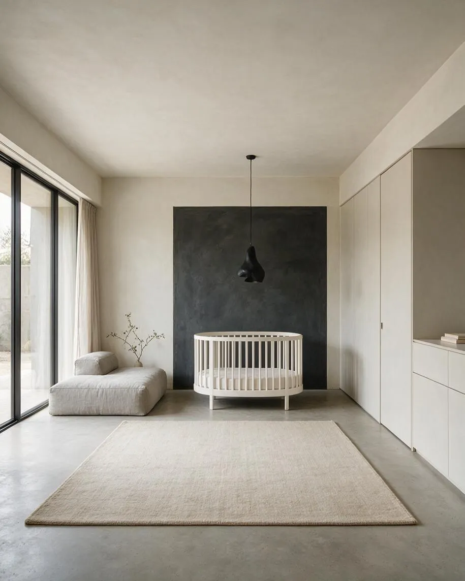 A minimalist nursery with a round white crib centered against a large dark charcoal accent wall, a black pendant light overhead, and a soft beige rug on a polished concrete floor. Floor-to-ceiling windows with sheer curtains bring in natural light, while a low cushioned chair and built-in white storage cabinets complete the calm neutral space.