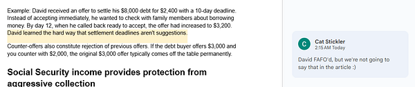 The image features a text excerpt discussing debt settlement and a humorous comment from a user.