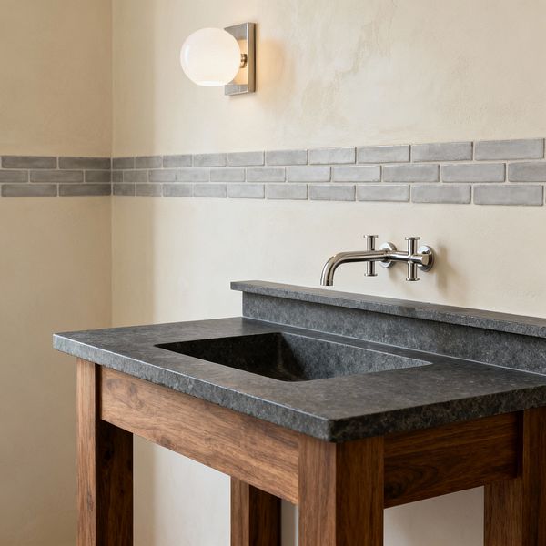 A bathroom vignette shows a walnut open-leg vanity with a charcoal honed stone countertop and integrated rectangular sink. A narrow band of soft gray glazed subway tiles runs along cream plaster walls; a brushed nickel wall-mounted faucet with two handles sits over the basin, and a globe sconce with opal glass on a square backplate casts warm light, blending natural wood, stone, and clean-lined metal in a refined transitional look.