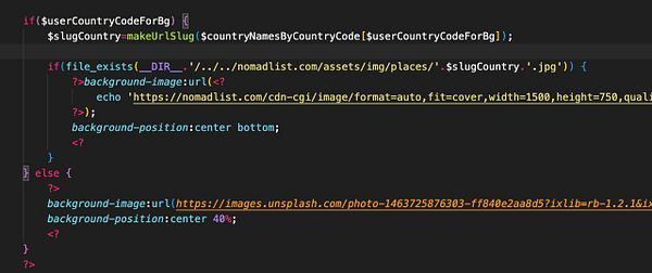 The image displays a code snippet related to background image handling based on user country data.