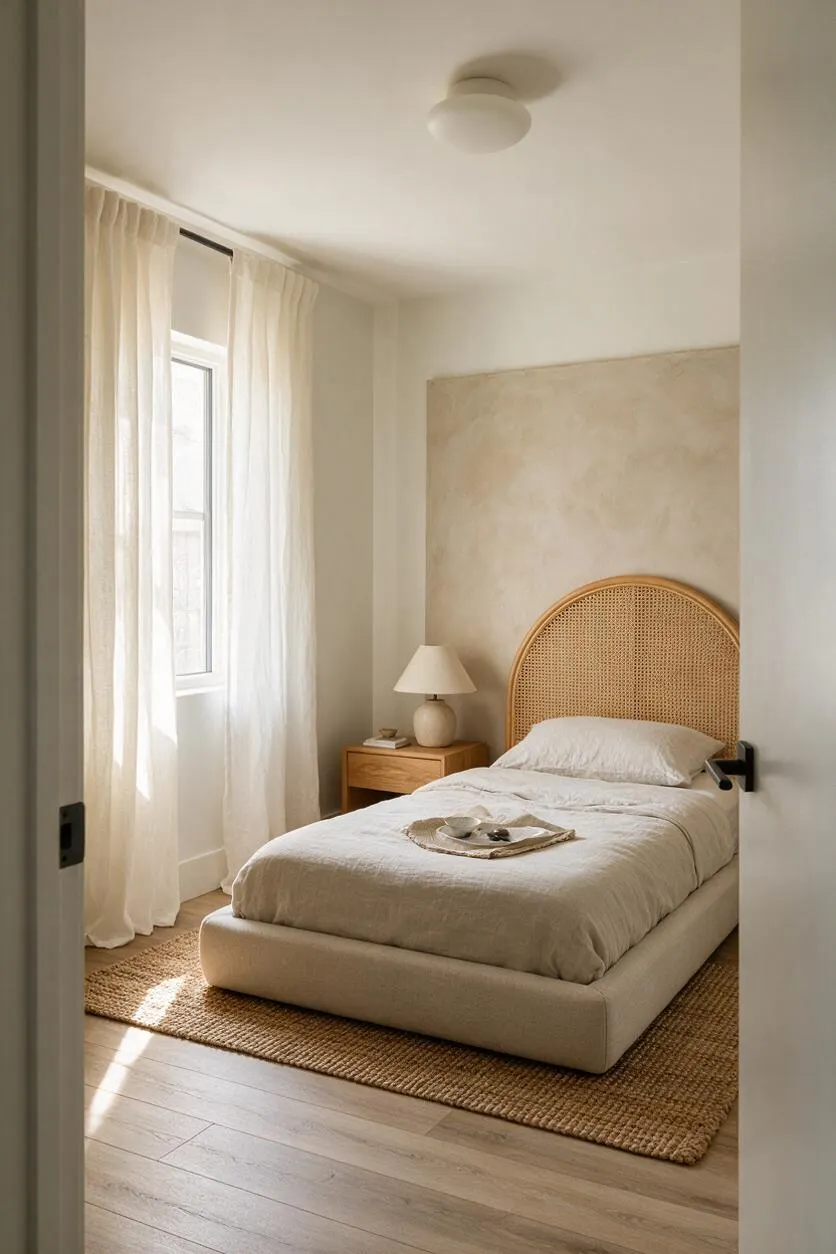 A serene guest bedroom with a low upholstered bed, a woven cane headboard, and soft white bedding set against a textured beige wall. Sheer curtains filter daylight from a side window, while a wooden nightstand with a ceramic lamp and a natural jute rug add warmth and organic texture.