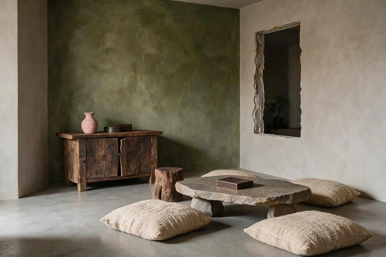 A minimalist game room with a low stone table centered on a concrete floor, surrounded by beige floor cushions and a small tree-stump stool. The room features textured plaster walls, an olive-green accent wall, a rough-hewn wooden cabinet, and a small pink vase on top, creating a calm, earthy atmosphere.