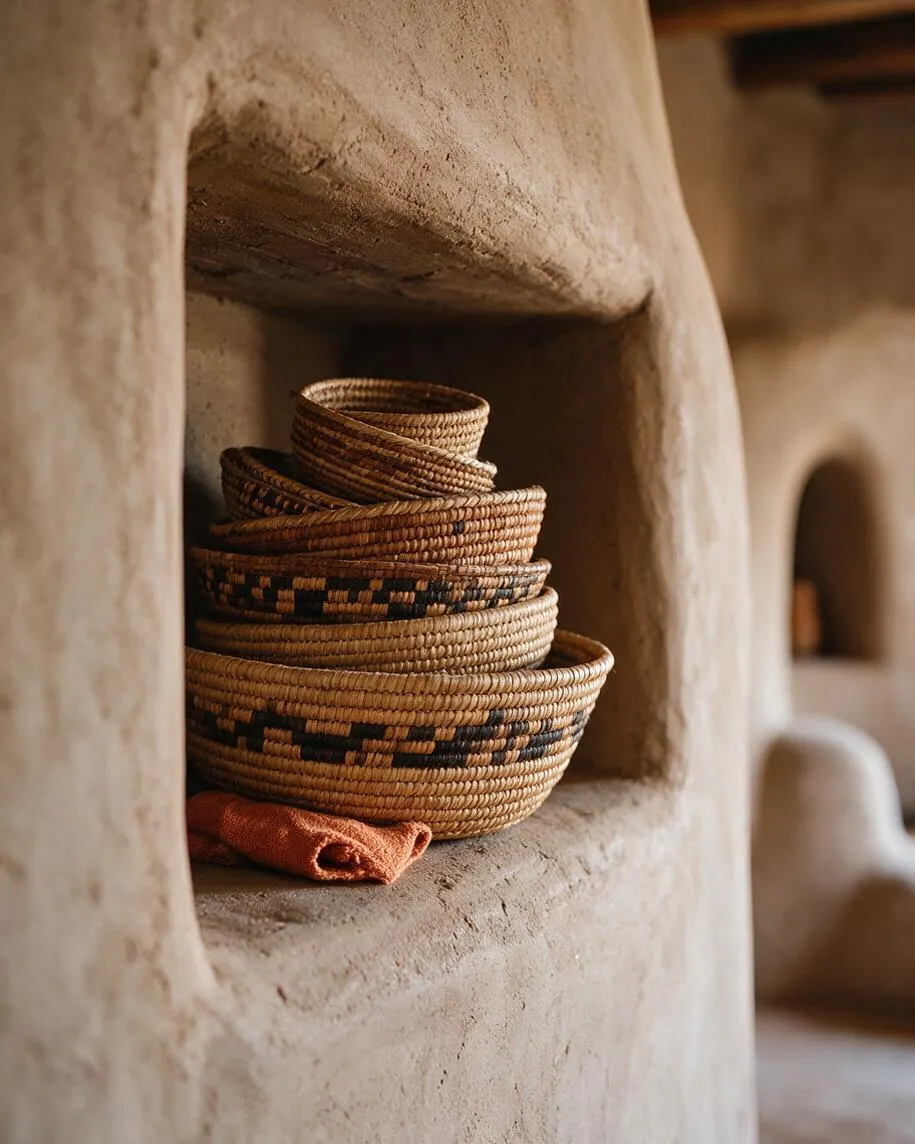 A Southwestern-style wall niche built from smooth adobe or plaster holds a stack of woven baskets in natural tan and dark patterned fibers, with a folded rust-orange textile resting beside them. The warm, earthy tones and rounded architecture create a rustic, handcrafted look.