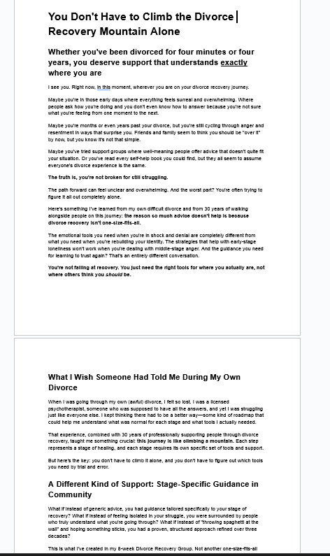 The image displays a sales page draft focused on divorce recovery support, featuring various sections of text aimed at potential clients.