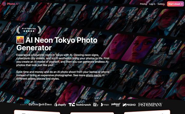 The image promotes an AI photo generator for creating neon-themed photos in a Tokyo setting.