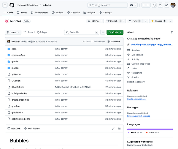 The image displays a GitHub repository interface for a project named 'bubbles'.
