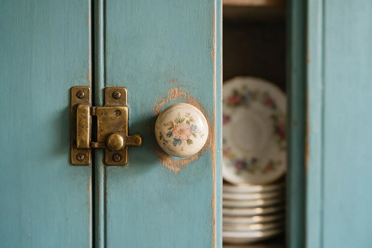 A close-up of a vintage teal painted cabinet door with chipped edges, brass latch hardware, and a round ceramic knob decorated with small floral motifs. A narrow opening reveals stacked plates with a floral pattern inside the cabinet.