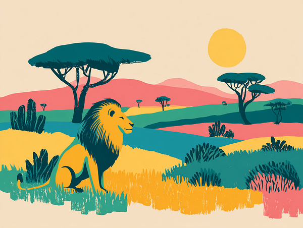 A vibrant illustration of a lion in a colorful savanna landscape.