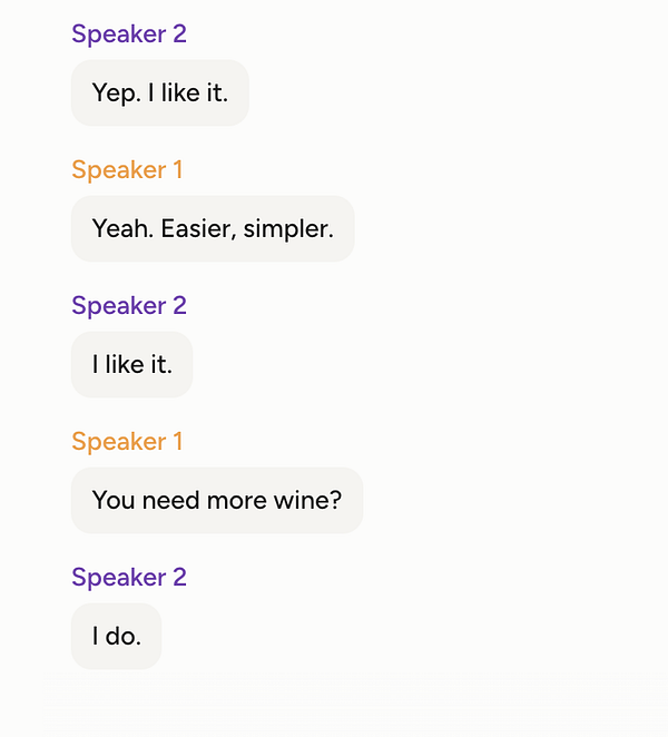 A chat conversation between two speakers discussing their preference for simplicity and mentioning wine.