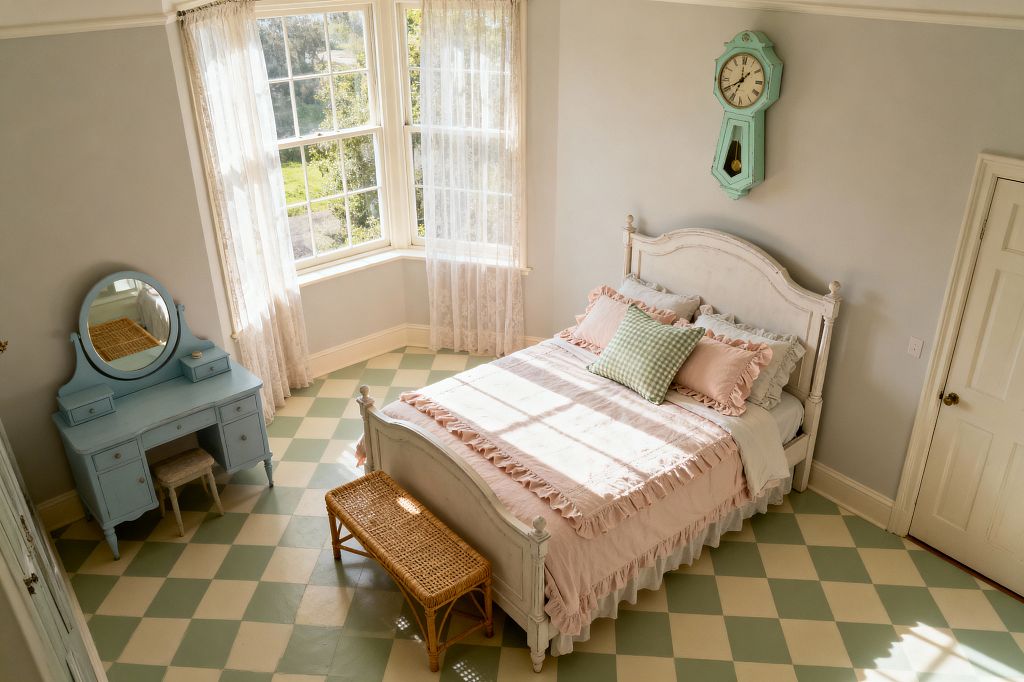 A sunlit shabby chic bedroom with an antique white-painted bed dressed in blush pink ruffled bedding and a mint gingham pillow. A woven rattan bench sits at the foot, a pastel blue vanity with round mirror stands by a bay window hung with sheer lace curtains, and a mint pendulum wall clock decorates soft gray walls over a sage-and-cream checkered painted floor.