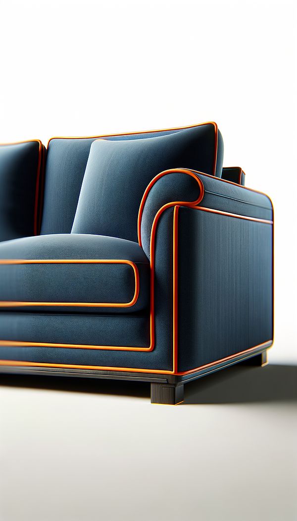 A close-up image of a navy blue sofa with a bright orange contrasting welt along its cushions, highlighting the sofa's lines and shapes.