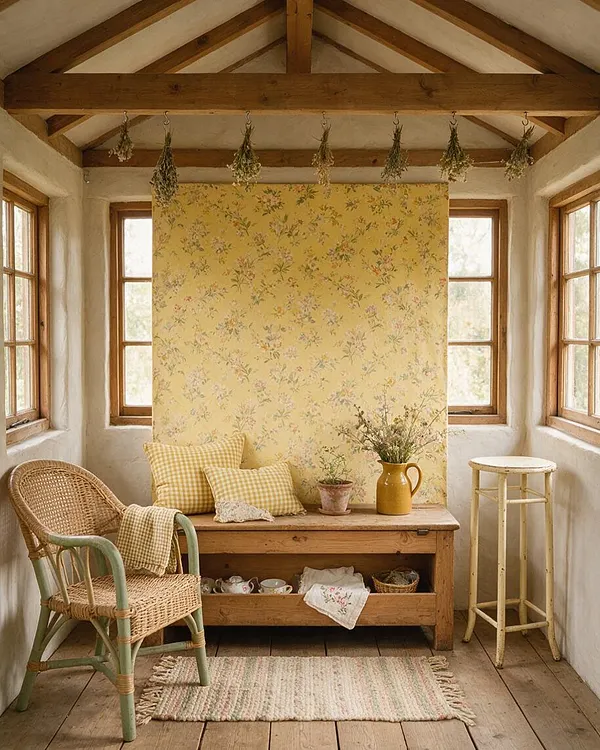 A narrow cottagecore sunroom with exposed wood beams, white plaster walls, and wooden-framed windows on both sides. The room features a floral wallpaper panel, a wicker chair with a throw, a rustic wooden bench, dried flowers hanging from the ceiling beam, a yellow pitcher, and a small round stool.