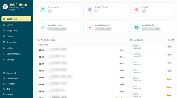 Screenshot of a gym admin panel showing various features such as users, memberships, trainers, financials, and settings in a dashboard-style interface.