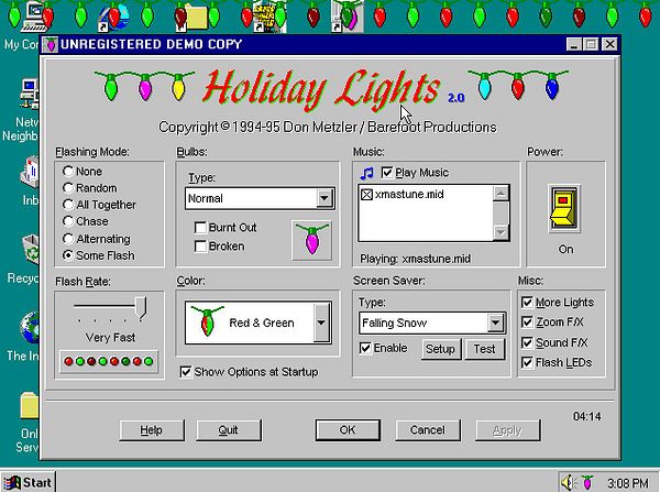 The image displays a software interface for 'Holiday Lights 2.0' running on Windows 95.