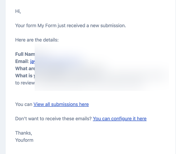 An email notification about a new form submission.