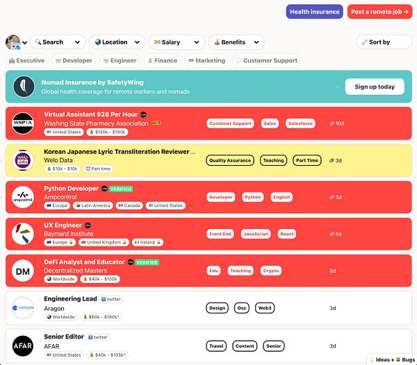 The image displays a job listing interface featuring various remote job opportunities.