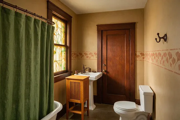 A Craftsman-style bathroom with beige walls, a dark wood door and window trim, a stained glass window, and a green shower curtain. The room includes a white pedestal sink, a white toilet, a small wood cabinet, and a decorative floral border running around the walls.