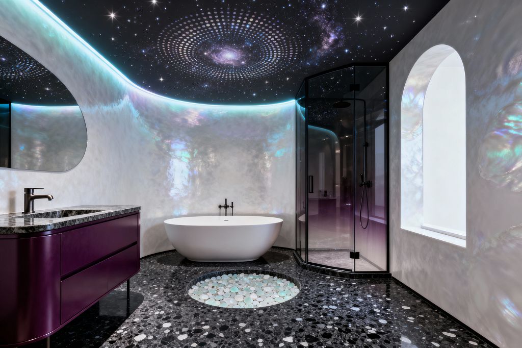 A Cosmic Chic bathroom features a starry black ceiling with a spiral galaxy motif and cove LEDs casting a teal glow on iridescent, pearl-like plaster walls. A white freestanding tub sits between a deep plum vanity with a black granite top and a faceted glass shower with matte black fixtures; the black terrazzo floor includes a circular inlay of white and sea-glass pebbles beside an arched window.