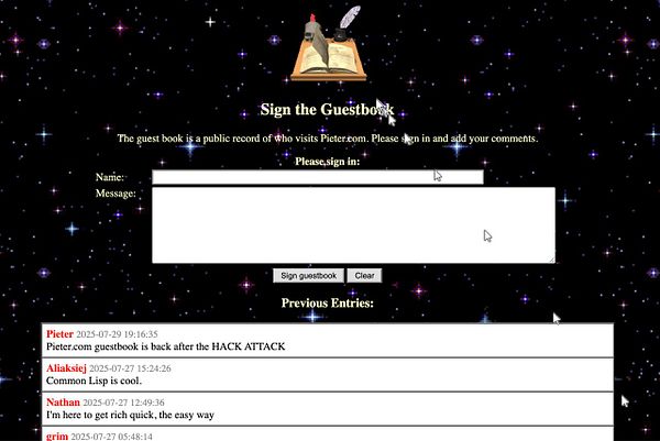 The image displays a guestbook interface for a website with a cosmic background.