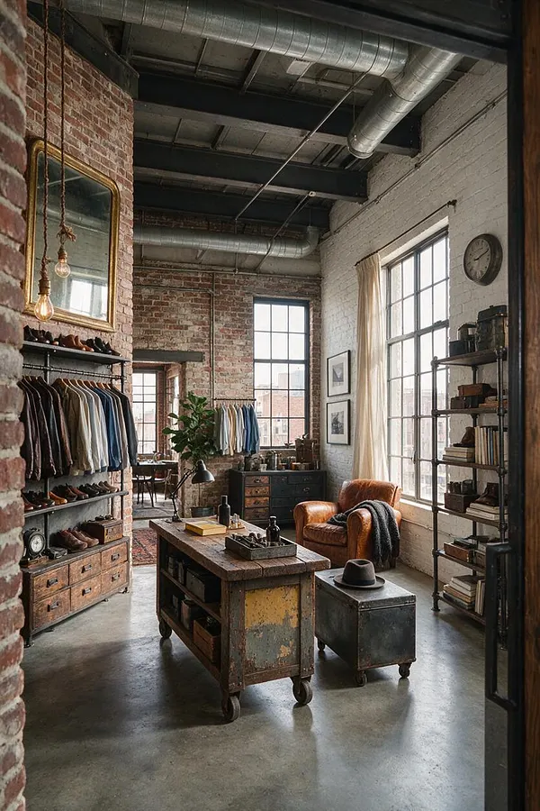 An industrial-style closet in a loft setting with exposed brick walls, tall black-framed windows, and visible metal ductwork overhead. The space includes open clothing racks, rustic wood and metal storage pieces, a leather chair, and a concrete floor with warm natural light.