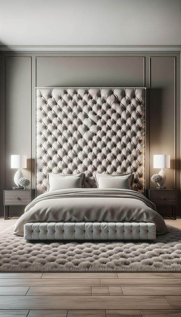 A modern bedroom featuring a large, upholstered headboard with intricate button tufting, standing as the focal point against a muted wall color.
