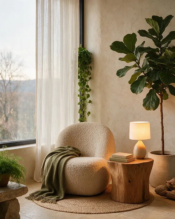 A cozy biophilic reading nook by a large window features a rounded boucle chair with an olive green throw, a natural wood stump side table, and a small table lamp with a warm glow. Potted fiddle-leaf fig and trailing greenery soften the neutral plaster wall, while sheer curtains and a woven rug add texture and softness.