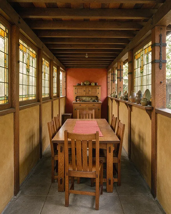 A narrow covered backyard dining porch with a long wooden table and matching slatted chairs centered on a stone floor. Stained glass windows line both sides, and warm wood beams, tan stucco walls, and pottery on built-in ledges create a handcrafted Craftsman look.