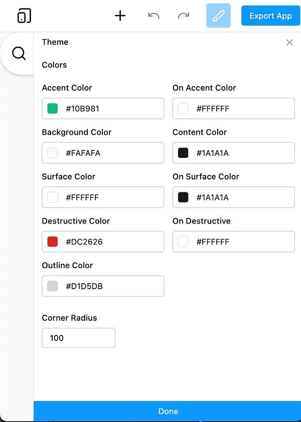 The image displays a theme panel interface for customizing color settings in an application.