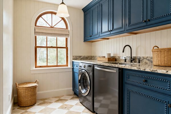 A transitional laundry room with navy blue beaded-panel cabinets and dark knobs, light granite countertops, and a short stone backsplash. Below the counter sit a front-load washer and dryer beside an undermount sink with a matte black faucet. Cream vertical beadboard walls, a taupe-and-cream checkerboard tile floor, an arched wood-framed window with a beige Roman shade, a glass pendant light, and woven rattan baskets complete the warm, functional space.