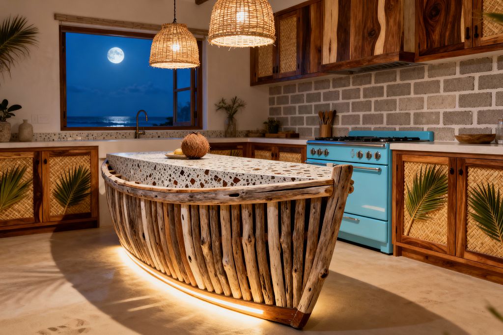 A tropical kitchen showcases a boat-shaped island made from curved driftwood slats with a terrazzo countertop and warm underlighting. Two woven rattan pendants hang above, while cabinets pair richly grained wood with cane fronts and palm frond inlays. A turquoise retro-style range stands against a gray block backsplash, and a brass faucet with terrazzo perimeter counters faces an open window framing the ocean and a bright full moon.