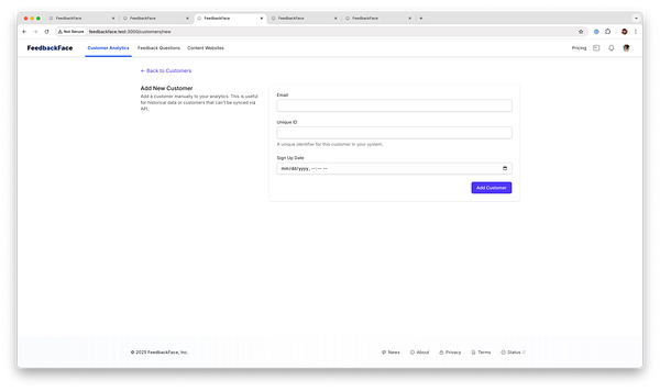 The image displays a user interface for adding a new customer in the FeedbackFace application.